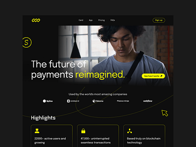 Fintech Landing Page- Flows agency black brand colour company concept dark design designinspiration finance fintech landing page neon payment simple ui ux webdesign website