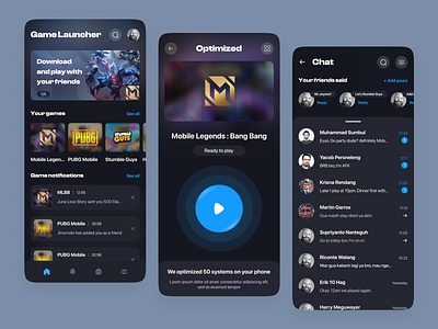 Game Launcher App - Exploration blur branding chat color design figma game gameapp mobile app mobileui notifications team trend typography ui ui ux ui design uidesign uiux user interface