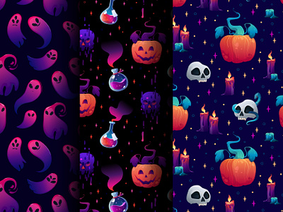 Set of Halloween seamless patterns alchemy candles cartoony crow design ghost gothic graphic design halloween illustration magical pattern poison potion pumpkins scull seamless snake stars vector