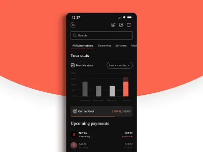 2/2023 - Subscription tracking app budget dark theme dark ui finance personal finance streaming subscription
