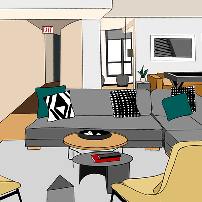 Seating common space design drawing illustration procreate seating still life surroundings waiting