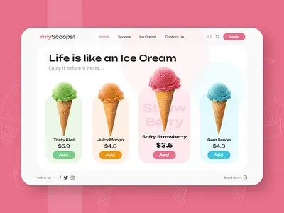 YmyScoops! - Ice Cream Web Hero Header banner design branding candy cone delicious design flavors food ice cream ice cream website banner scoop tasty ui uiux web hero section web ui webpage website