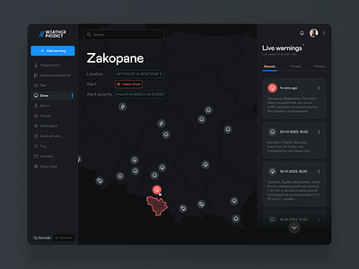 Thanks to this app, you will not be surprised by bad weather alerts app application dark mode dashboard design map product product design ui uidesign user experience user interface weather weather conditions web app