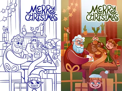 santa and elves 2d art book cartoon character children christmas design digital digital art drawing elf elves gifts grandfather happy illustration kids postcards small