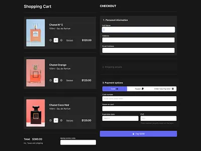 Dark mode checkout page for an exclusive parfum shop design ui ux