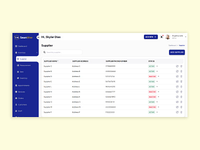 Tailor Management - Suppliers - Admin Panel 2025 trends admin panel crm dashboard data data table erp inspire pagination supplier table ui tailor management ui design ux design web app