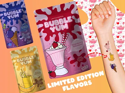 BUBBLE YUM: Bursting Real Flavors! brand development branding bubble gum packaging graphic design illustration logo logo design packaging design product packaging