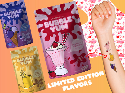BUBBLE YUM: Bursting Real Flavors! brand development branding bubble gum packaging graphic design illustration logo logo design packaging design product packaging