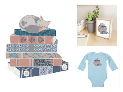 Sleepy Fox and The Book Tower book collection book graphic art book stack bookshelf drawing fox graphic art grey fox art kids room nursery art office art red fox relaxing de sign sleeping fox