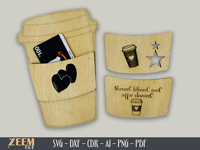 Coffee Card Holder SVG Laser Cut Files Template coffee cup gift card holder coffee gift card holder svg dxf files glowforge tested files laser cut files