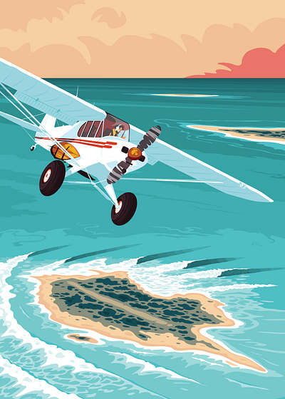 Pegasus aircraft clouds flat graphic illustration island ocean plane sea sky sunrise sunset surfnsurfing vector