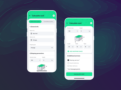 Daily UI 004 - Shipping cost calculator 004 calculator cost dailyui delivery delivery app design graphic design green logistic mobile app price shipping shipping app shipping calculator ui web design