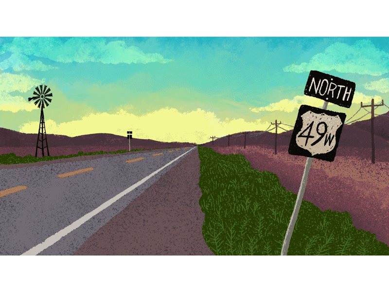 Highway Landscape animation bird cartoon cinematic flight cycle gif gradient highway hitchhike illustration landscape movie procreate road sunrise sunset texas texture western windmill