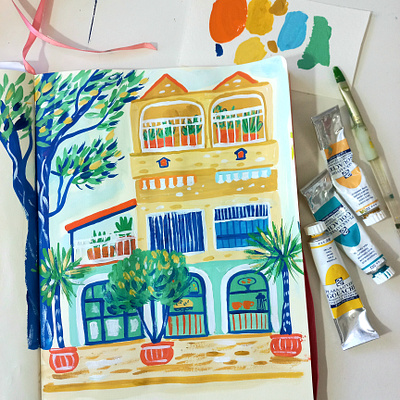 House illustration art building drawing gouache hand drawn house illustration painting sketchbook street urban