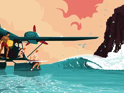Scylla aircraft airplane birds bodyboard cliff exploration flat graphic gull illustration ocean plane sea seaplane sport spot surf surfing vector wave