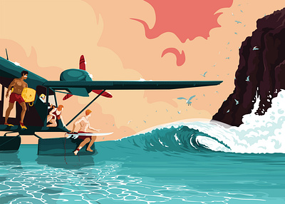 Scylla aircraft airplane birds bodyboard cliff exploration flat graphic gull illustration ocean plane sea seaplane sport spot surf surfing vector wave