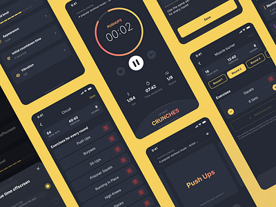 HIIT Timer and Workout App Design animation app design dark fitness health hiit timer ui uiux ux workout