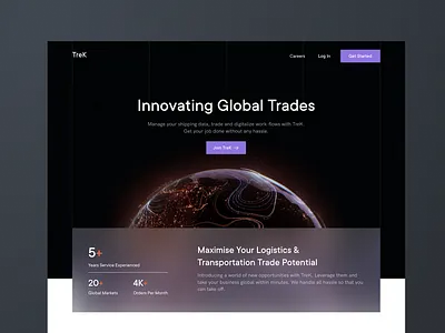 Trek Web UI banking black and orange dark theme design figma glassmorphism global global transport import export industry minimal neobank shipping tech trading transport ui ux website