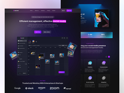 Soosmd - Social Media Manager Tool Web Design analytics business clean dark glassmorphism gradient landing page management marketing minimalist saas social media tools website