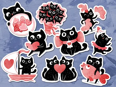 Valentine cats cartoon cat character cute doodle drawing greeting card illustration postcard stickers valentine vector