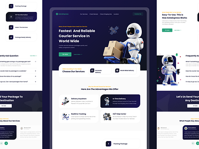 AstoExpress - Courier Service Landing Page Design 3d courier darkmode design landing page package ship shipping ui web design website website 3d