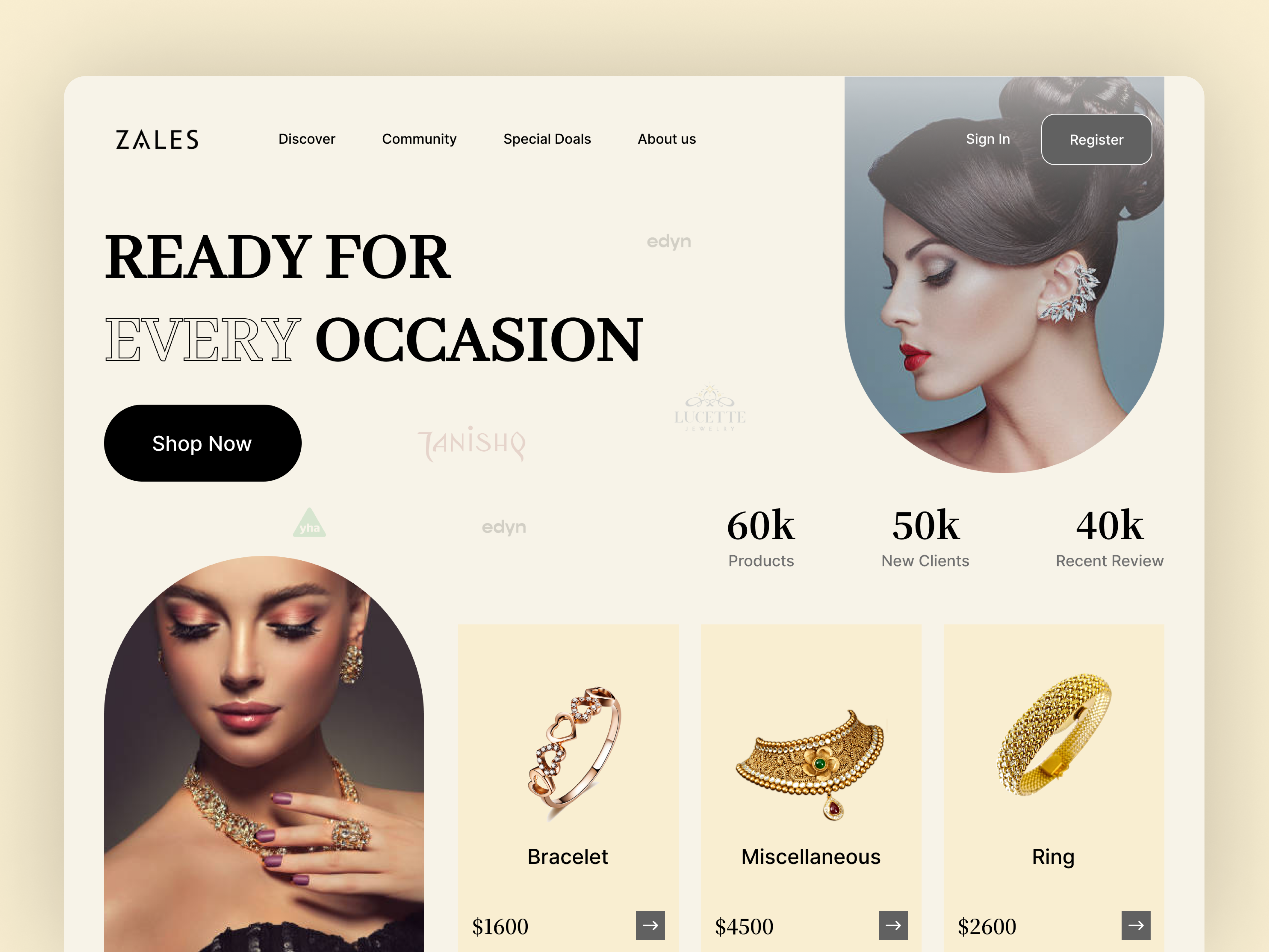 Example of Jewelry landing page header