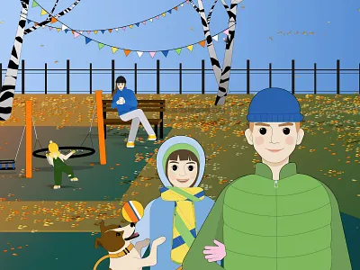 Family in a park adobeillustrator autumn children dog family illustration leaves park vectorart