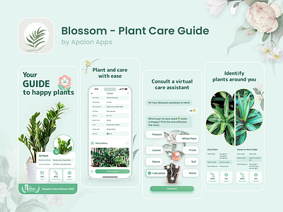 ASO design for Blossom app app app atore aso branding design flower google play graphic design icon illustration logo plant screenshots typography ui vector