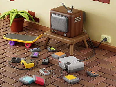 90's bedroom 3d color design illustration