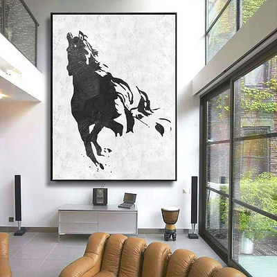 Extra large original painting black and white abstract horse wal gift for him horse painting oversize wall art