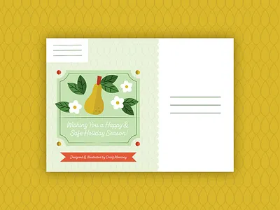 Holiday Card 2022 – Back christmas design feathers flowers holiday illustration leaves partridge partridge in a pear tree pattern pear pears typography