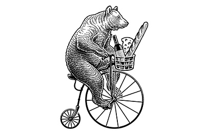 Bear for Gaetano black and white engraving etching illustration logo retro vintage