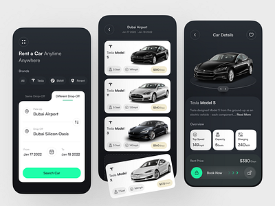 Car Rental - Mobile App app design apps booking car car car details car service dark ui futuristic interface mobile modern rent a car rental app tesla transport ui ui design uidesign ux ux design