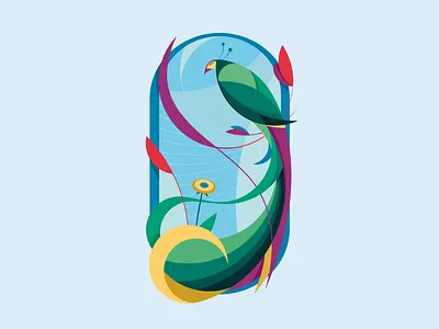 Bird of paradise 3/3 adventure beauty bird blue clean design explore flying illustration journey modern nature paradise plants sky tail vector waterfall wings