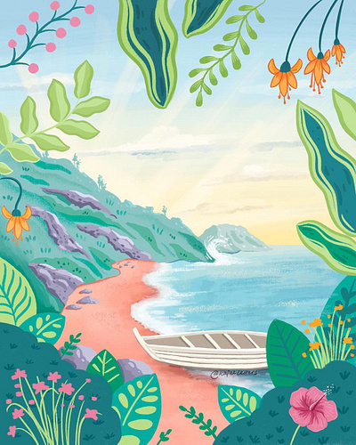 Sunrise at the beach beach boat design dribbble freethrow illustration landscape landscape illustration procreate scene scenery scenery illustration sunrise