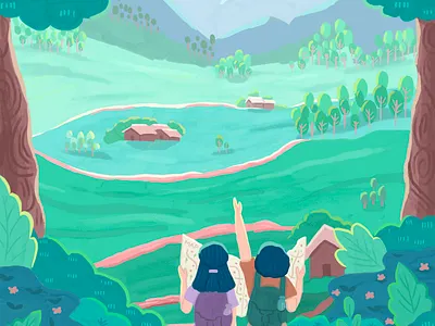 Exploring the Valley dribbble freethrow illustration landscape landscape illustration procreate scene scene illustration scenery valley