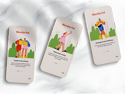 Onboarding Screens - Wanderful App app design artwork design illustration minimalillustration mobileapp onboarding screens ui uiux userinterface ux web design