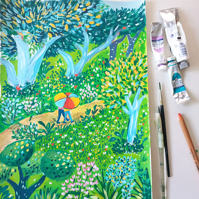 Nature Walk art couple drawing gouache hand drawn illustration landscape love nature painting