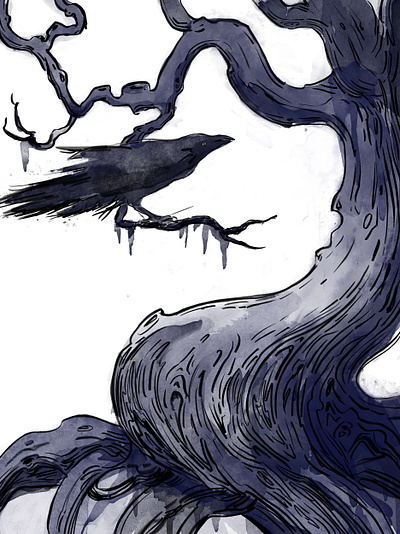 The Raven art crow digital illustration ink mistical procreate raven tree watercolor woods