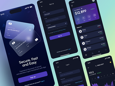 Crypto app app branding card credit crypto dark design graphic design homepage illustration login logo mobile compatible money onboarding trend typography ui vector wallet