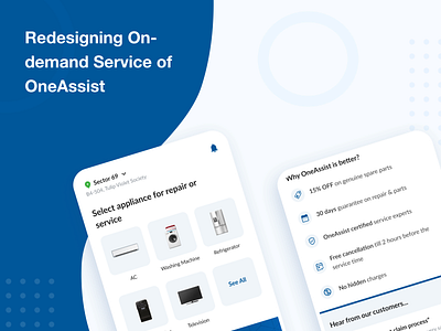Redesigning On-demand Service cards claim devices location mobile oneassist repair service testimonial tiles ui ux why choose us