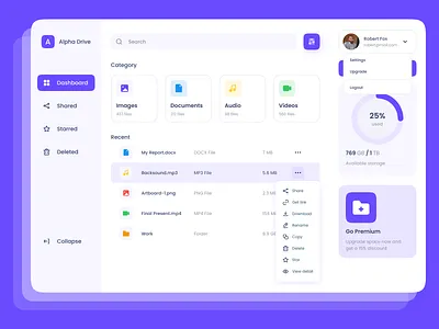 Alpha Drive - Cloud Storage Dashboard app clean cloud dark design drive dropbox explorations files folder gdrive illustration light minimal purple sharing storage ui ux
