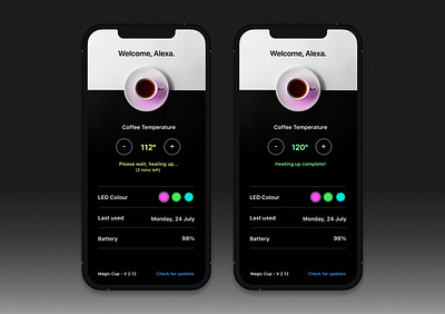 Heated Coffee/Tea Cup Mobile App app design coffee app design heated coffee cup mds mobile app shift nudge ui