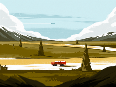 Car on the road car illustration landscape mountains nature road sky travel