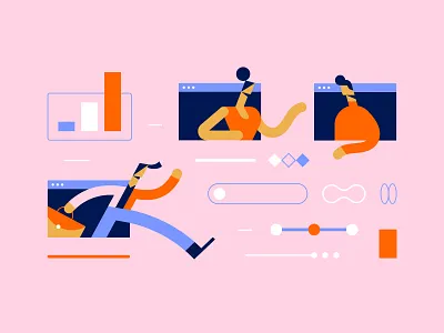Digital work set business character collaboration colleagues concept design digital flat geometric illustration leo alexandre minimal people scene set team teleworkers vector work workers