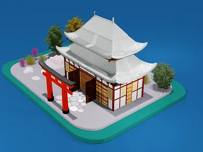 3D rendering of a Japanese temple and a Japanese tori gate concept
