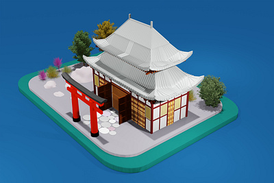 3D rendering of a Japanese temple and a Japanese tori gate concept