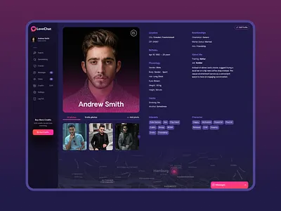 Love Chat | Dating Website | My Profile application chat dark dashboard dating design gallery gradient location love map profile sidebar uidesign user ux design web design website