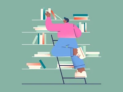 Reading 2d 3d animation black book bookshelf character design illustration learn library man networking read research school startup study travel ui university