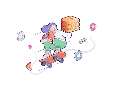 Heroic delivery girl flies with warm and fatty carbs 2d character adobe illustrator cartoon cartoon character character design delivery design girl graphic design illustration pizza skateboard ui vector